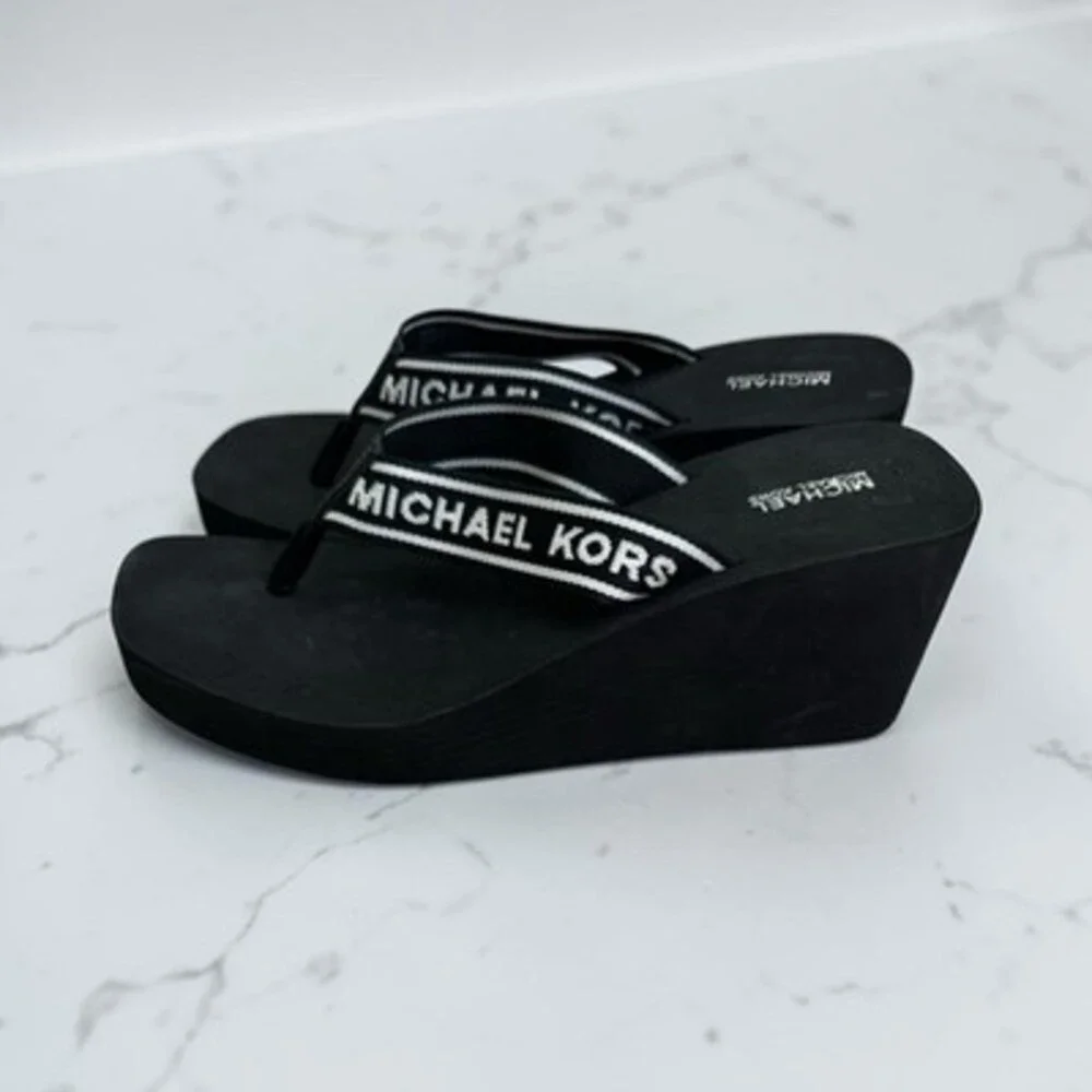 Michael Kors Women's 8 Black Logo Thong Wedge Slip-On Textile Sandals